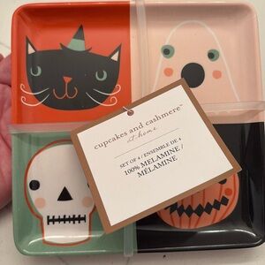 Set of Four Halloween Melamine small plates:  cat, pumpkin, ghost & pumpkin